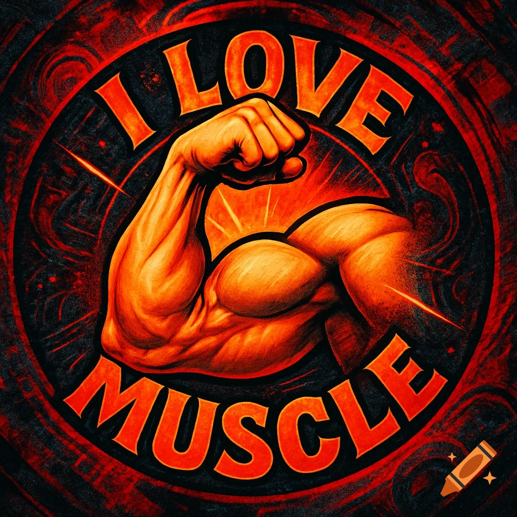 A stylized illustration of a flexing muscular arm in orange tones, centered within a black and red ring with the text "I LOVE MUSCLE" arched around it.