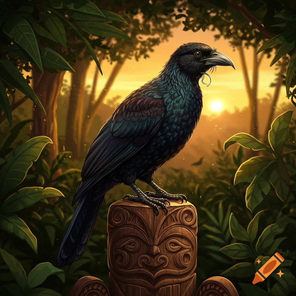 A Huia bird with black iridescent feathers perched on a carved wooden totem in a lush forest at sunset.