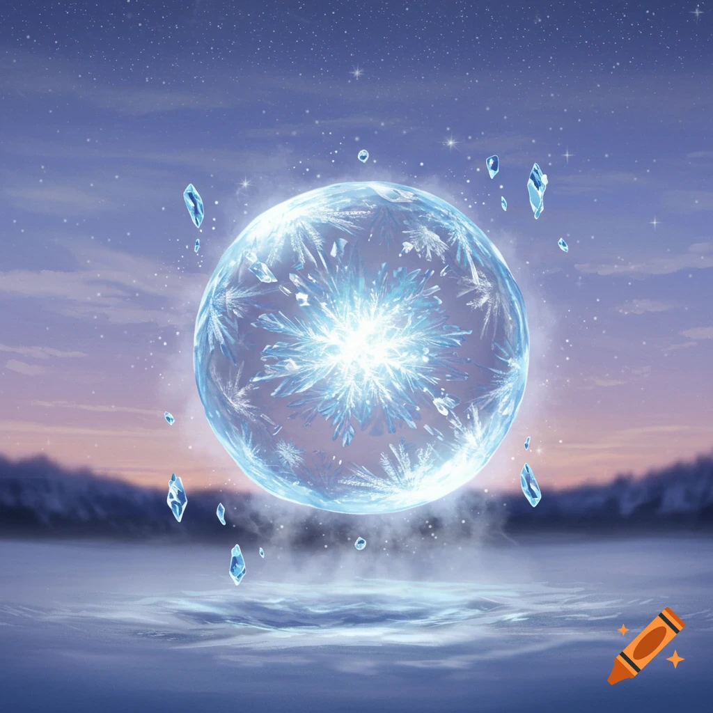 A glowing ice sphere with intricate crystal patterns floats over a misty, frozen landscape under a starry twilight sky, surrounded by smaller ice shards.