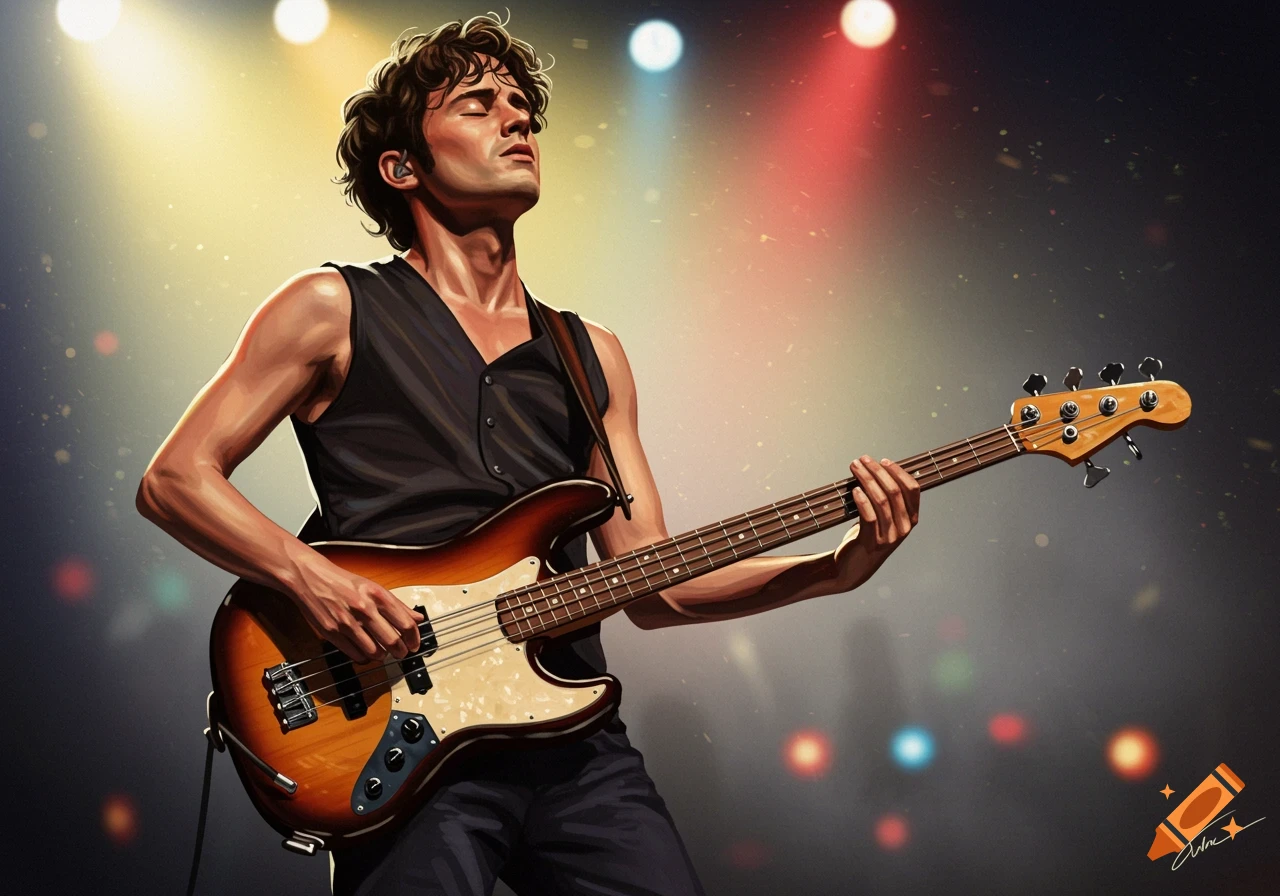 An illustrated male musician plays a bass guitar on a dimly lit stage under bright spotlights.