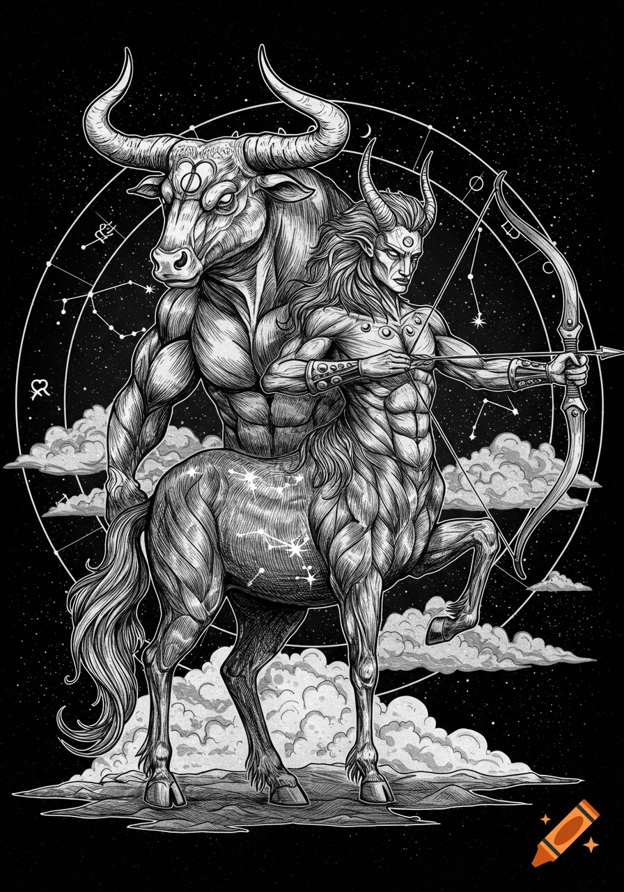 Detailed black and white illustration of a muscular bull and a horned centaur archer, set against a starry sky with astrological symbols.