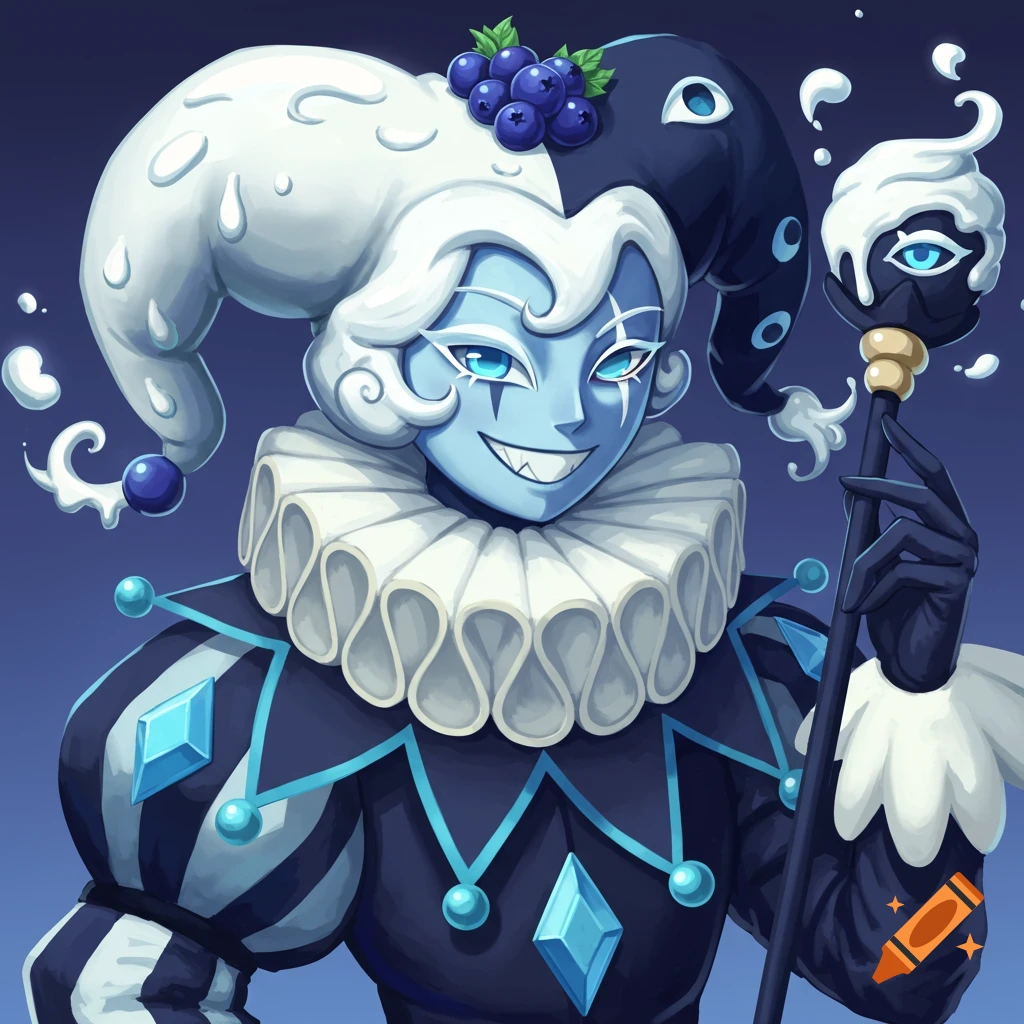 Blue-skinned jester character with white ruffled collar, two-toned hat topped with blueberries, and staff.
