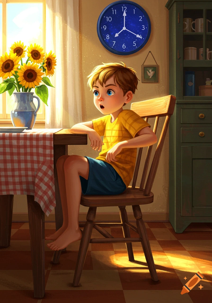 Cartoon illustration of a young boy sitting at a wooden table with sunflowers, looking impatient. Sunlight streams from a window.