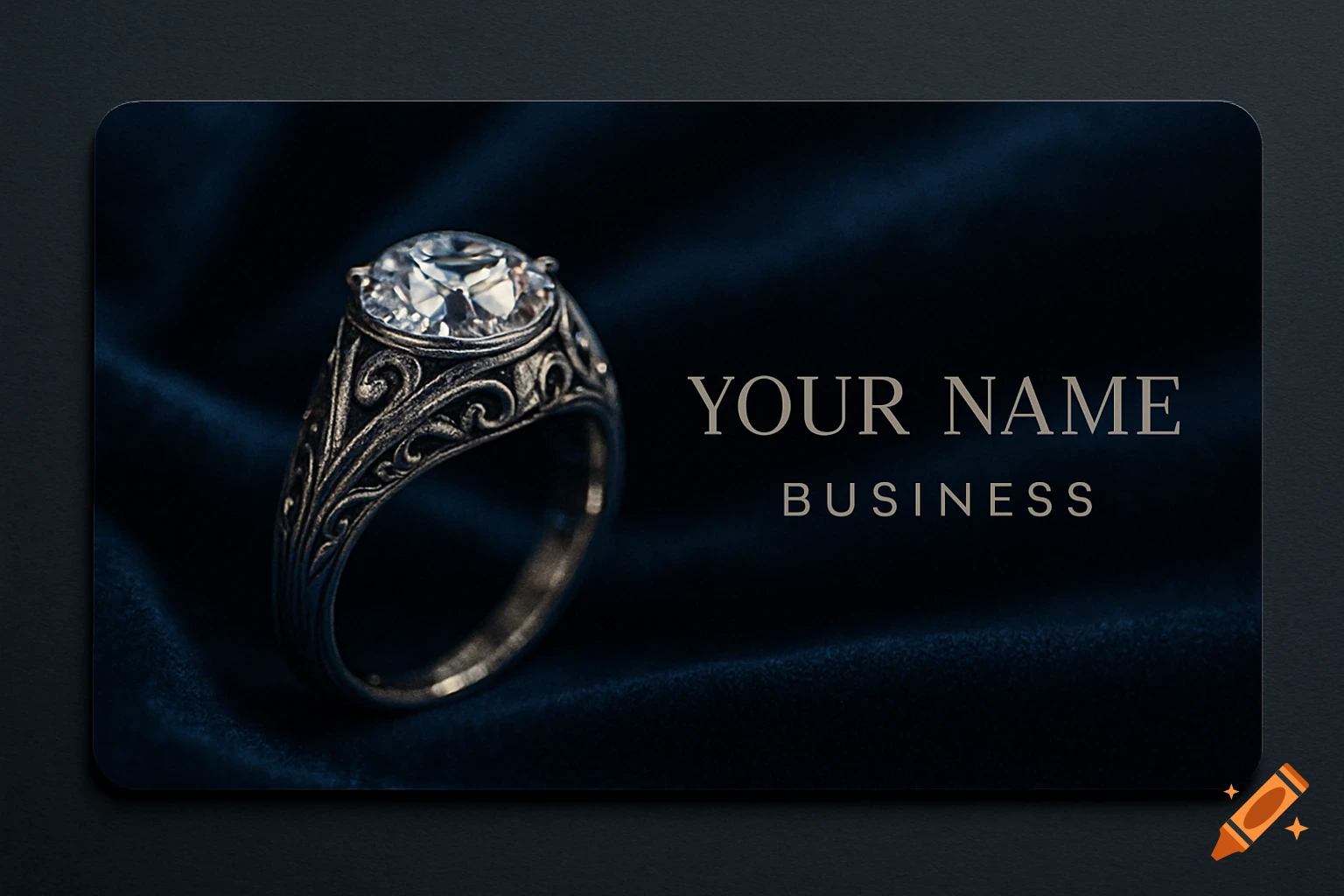 A close-up of a luxurious silver ring with a large diamond on a dark blue velvet background, next to placeholder text 'YOUR NAME BUSINESS' on a business card.