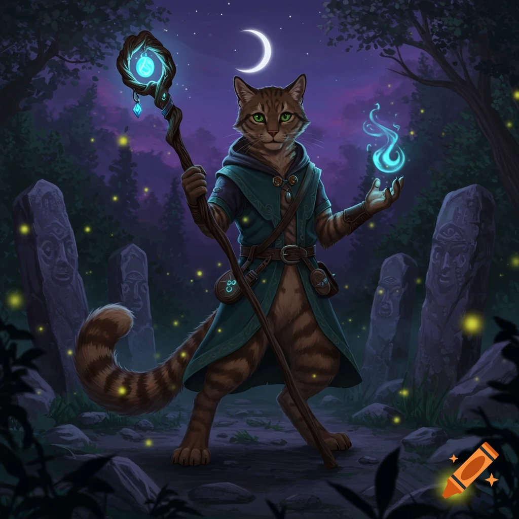 A feline sorcerer in a mystical forest at night, holding a glowing staff and conjuring blue magic, with standing stones and fireflies.