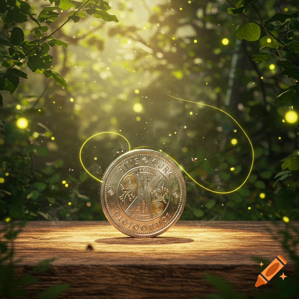 A photorealistic silver fantasy coin standing on its edge on a wooden surface in a lush, sun-dappled forest with glowing fireflies.