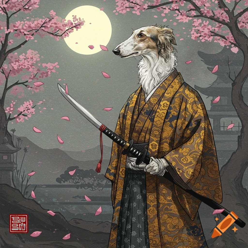 A borzoi dog in samurai attire with a katana under cherry blossoms and a full moon, in Japanese painting style.