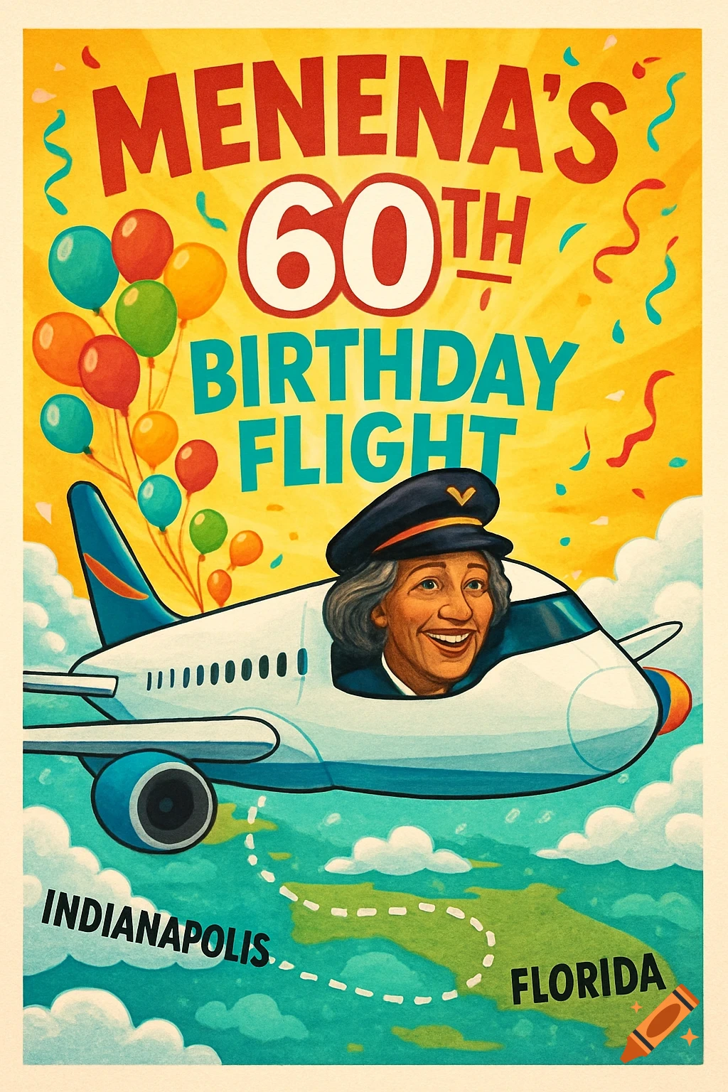 A vintage-style birthday poster for Menena's 60th Flight, featuring a plane with a pilot and a map from Indianapolis to Florida.