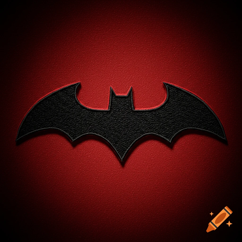Black embroidered Batman symbol on a textured red background.