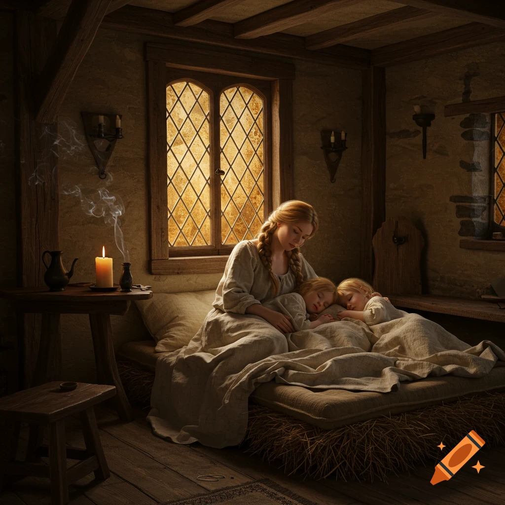 A mother watches over two sleeping children on a straw mattress in a dimly lit medieval room with a candle.