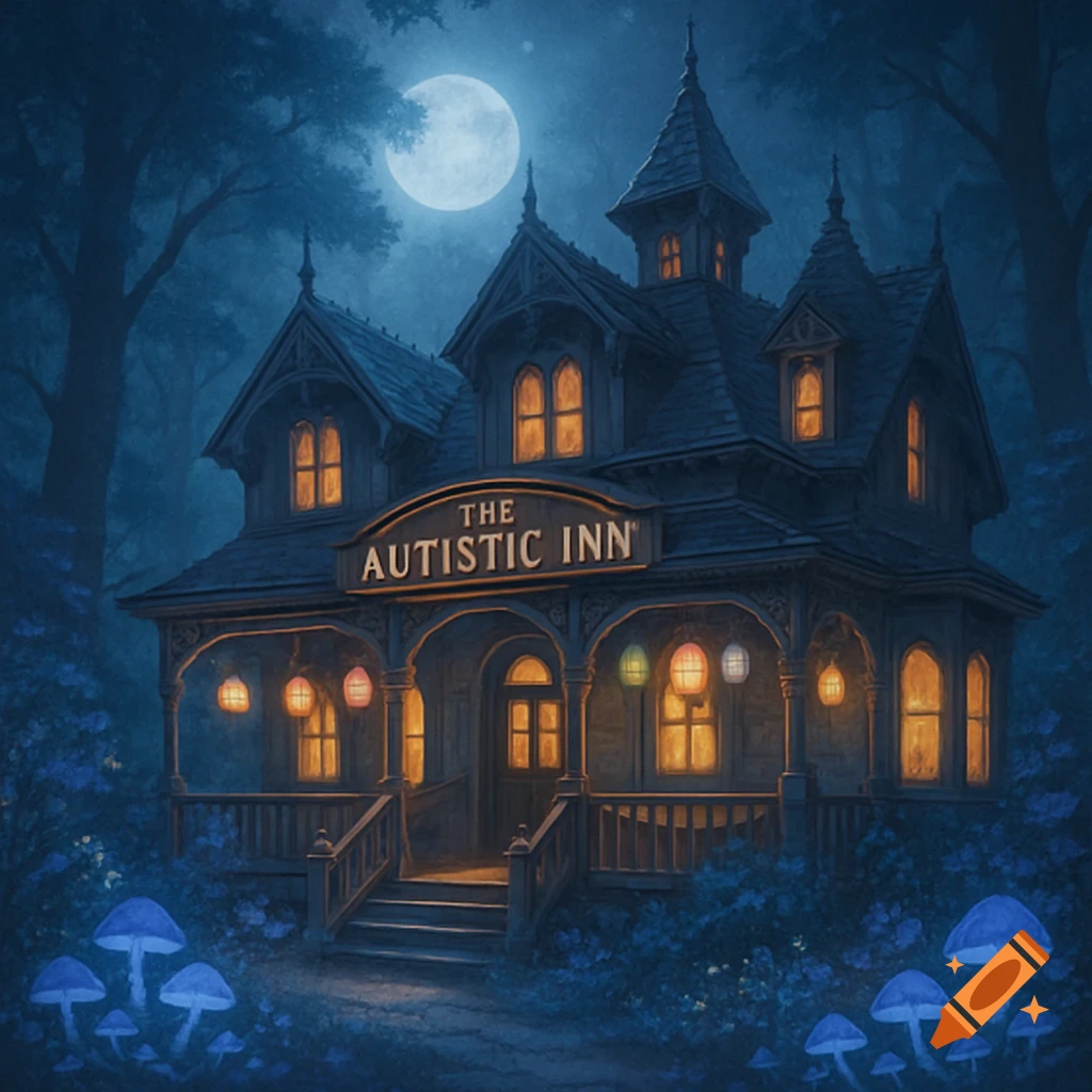 A whimsical Victorian-style inn named 'The Autistic Inn' at night, surrounded by blue glowing mushrooms and trees under a full moon.