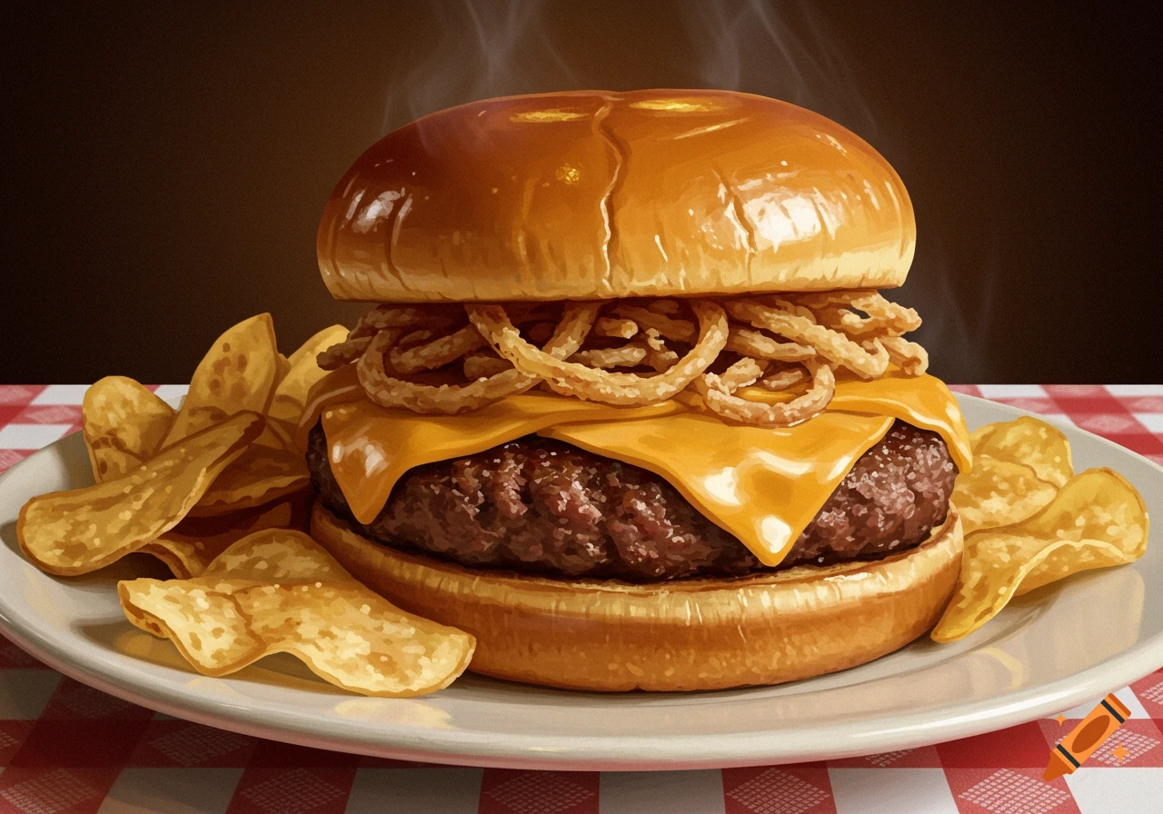 Steaming cheeseburger with melted cheese, onion rings, and chips on a white plate and red checkered tablecloth, digital painting.