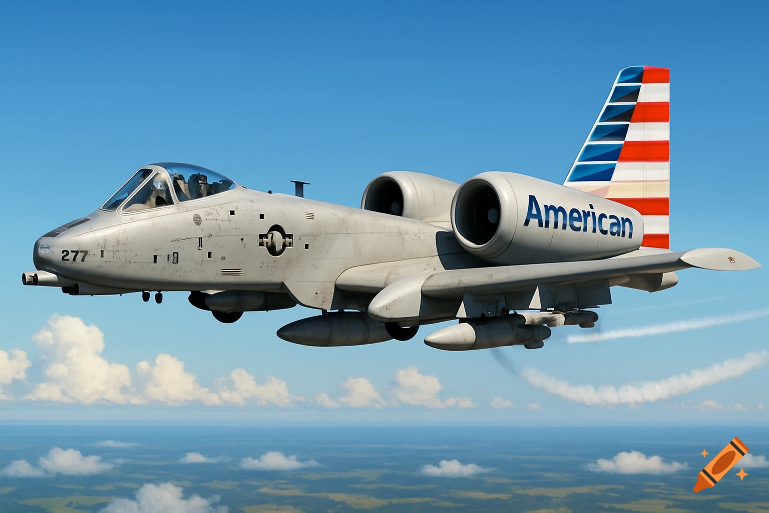 A photorealistic A-10 Warthog military aircraft with American Airlines branding on its tail and engines, flying under a blue sky.