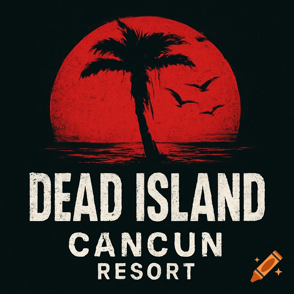 Grunge-style graphic with a red sun, palm tree silhouette, birds, and 'DEAD ISLAND CANCUN RESORT' text.