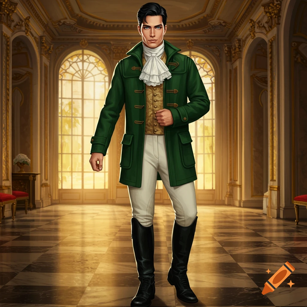 An athletic man in a hunter green coat, white breeches, and black boots stands in a grand hall with large windows.