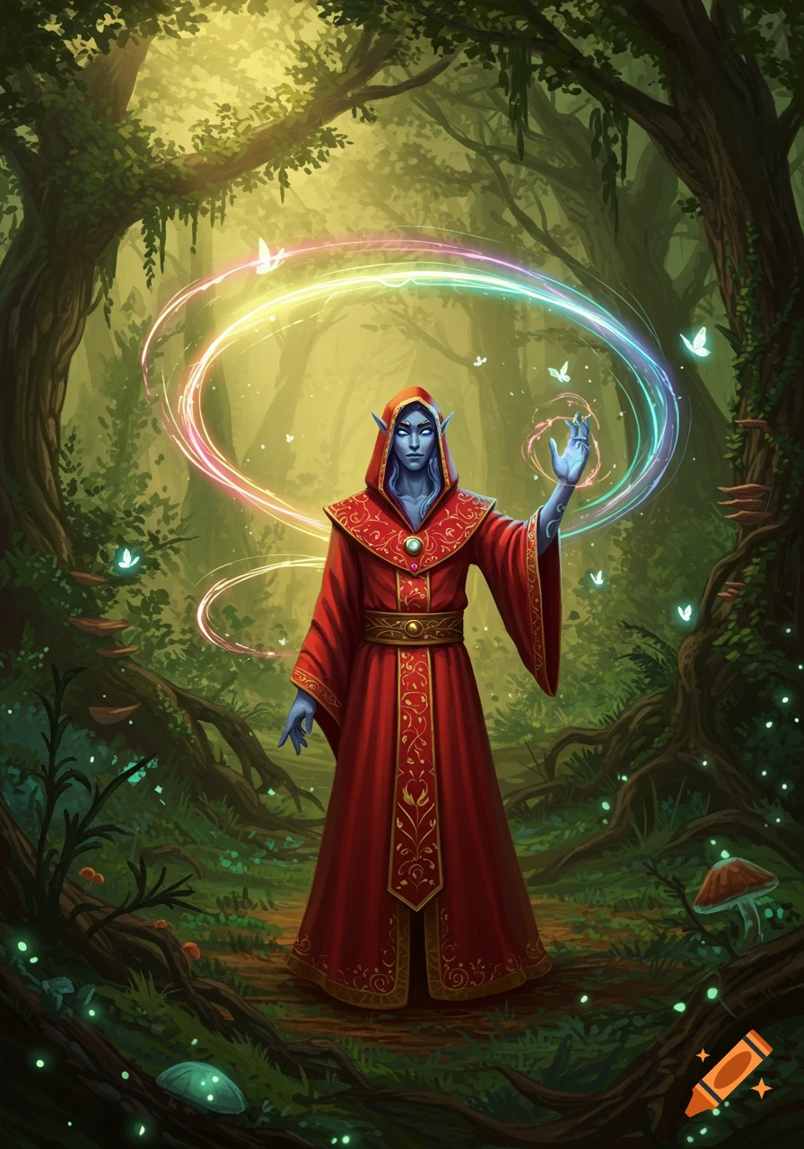 A blue-skinned wizard in a red robe casts a magic spell with a rainbow ring in a glowing forest. Digital illustration.