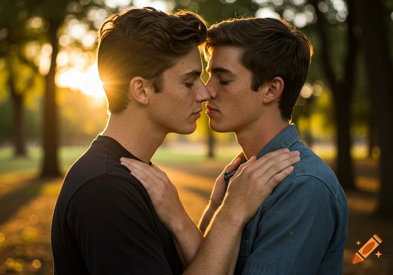 Two young men with freckles, almost kissing, embracing each other in a park at sunset.
