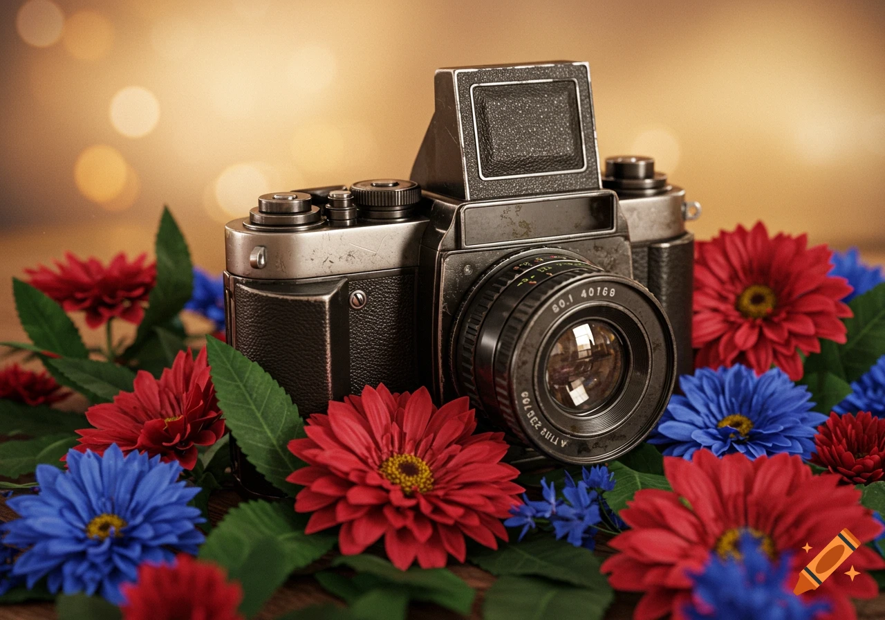 A vintage camera sits amidst a vibrant arrangement of red and blue flowers with green leaves, set against a warm, bokeh-lit background.