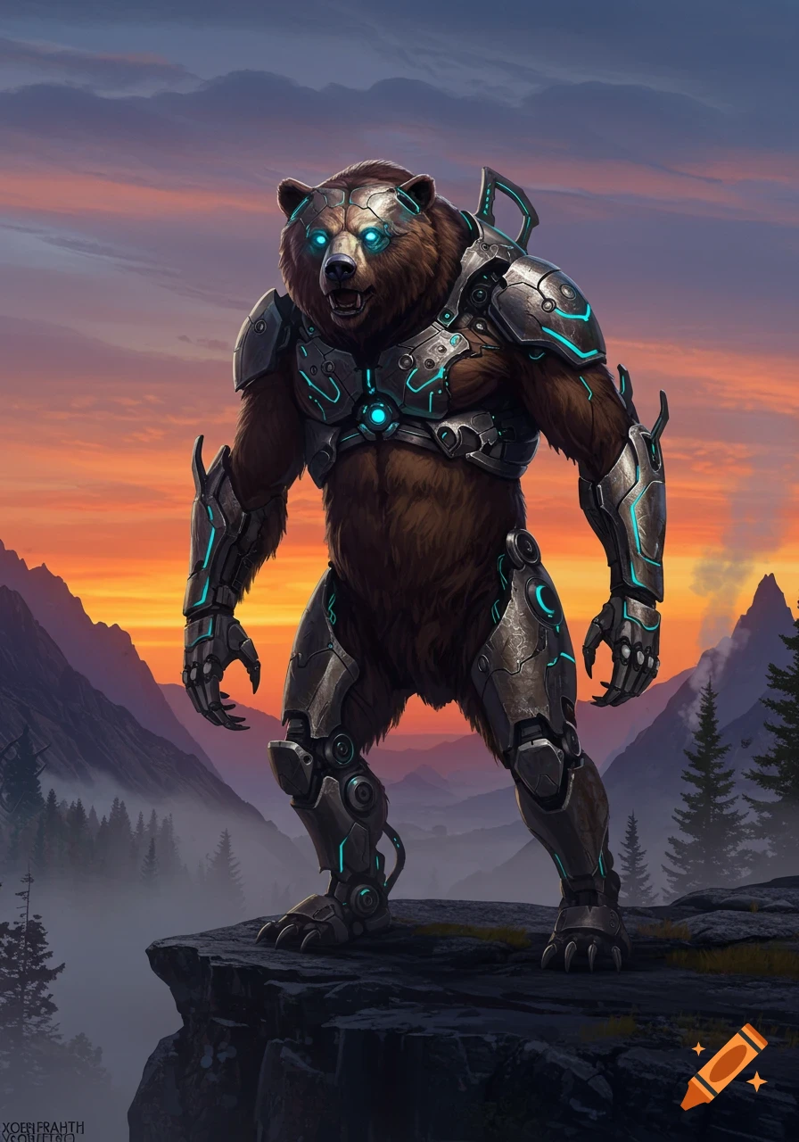 A powerful cyborg bear with glowing blue eyes and metallic armor stands on a mountain cliff at sunset, digital art style.