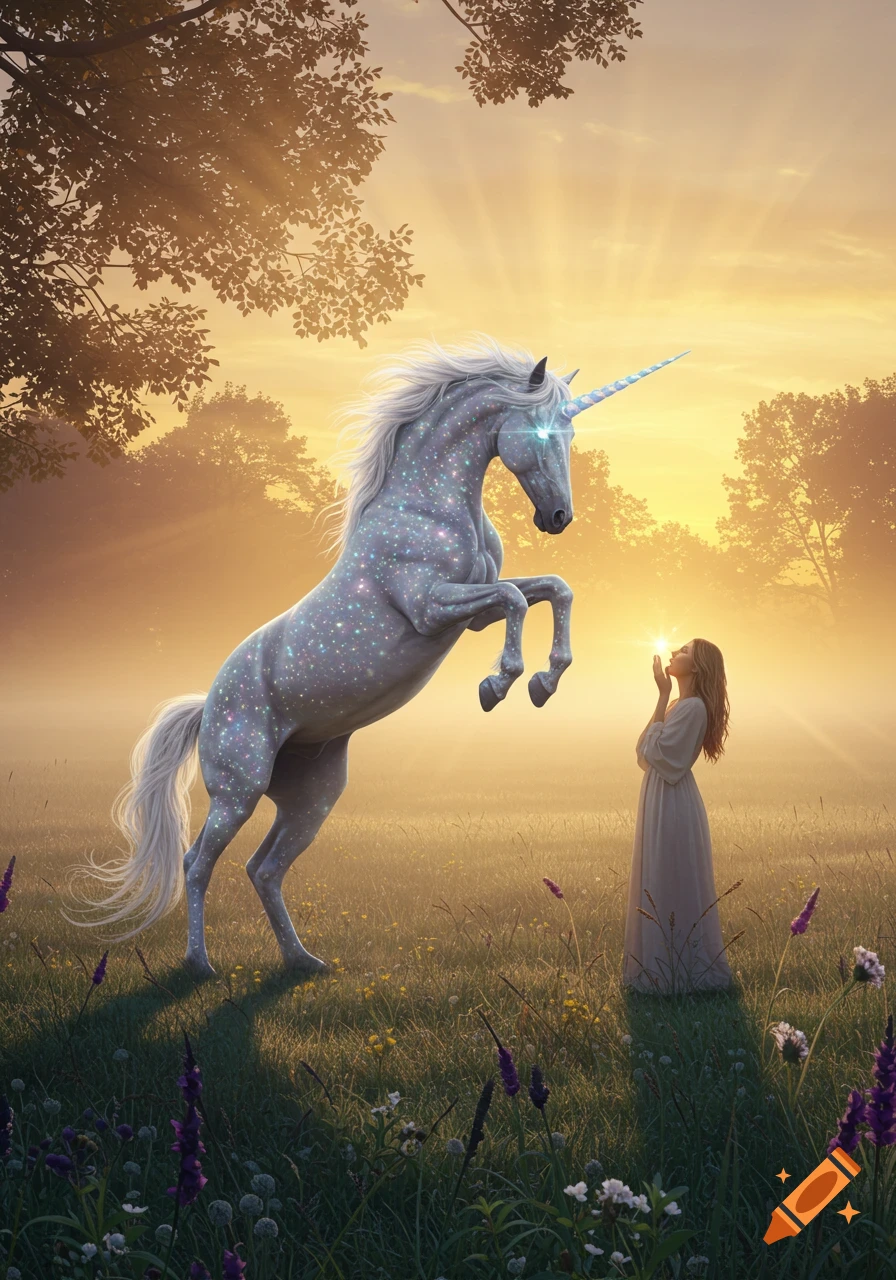 A majestic, white, sparkling unicorn rears up in a golden-lit field as a woman stands admiring it.