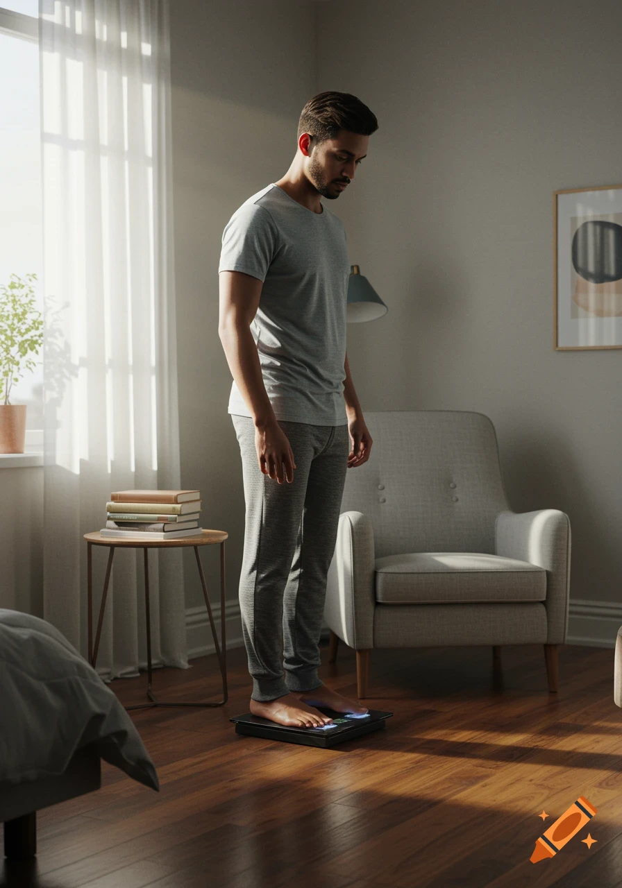 A man in a grey t-shirt and sweatpants stands barefoot on a black smart scale in a sunlit bedroom.