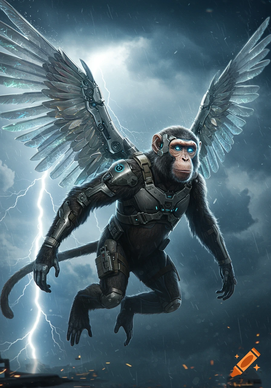 A photorealistic tactical chimpanzee with mechanical wings and glowing blue eyes flies through a stormy, lightning-filled sky.
