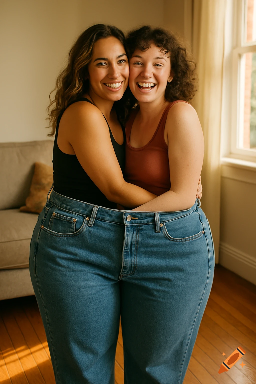 Two women with happy expressions are hugging, appearing to share one pair of blue jeans in a clever illusion.