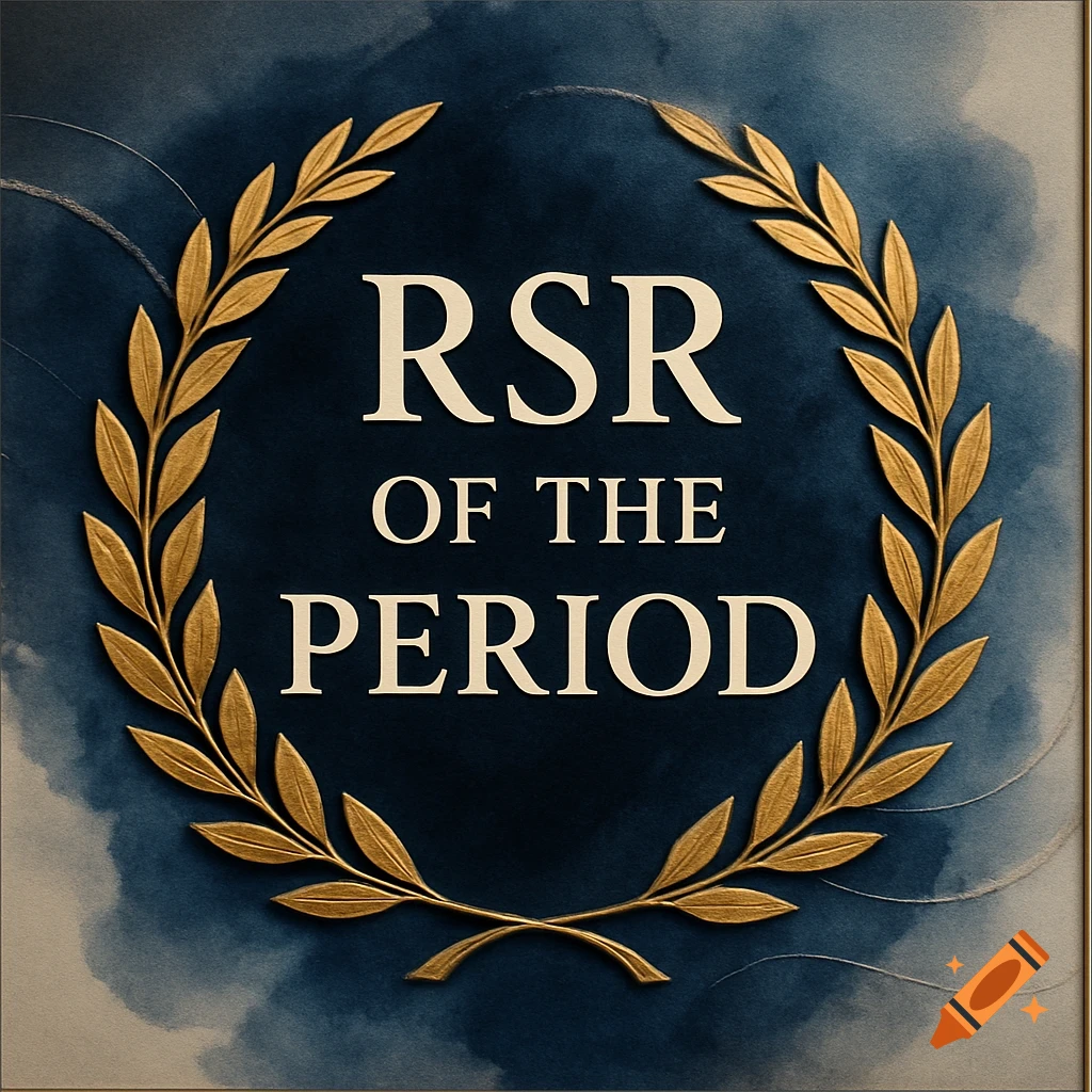 A gold laurel wreath surrounds the white text 'RSR OF THE PERIOD' on a dark blue background with watercolor texture.