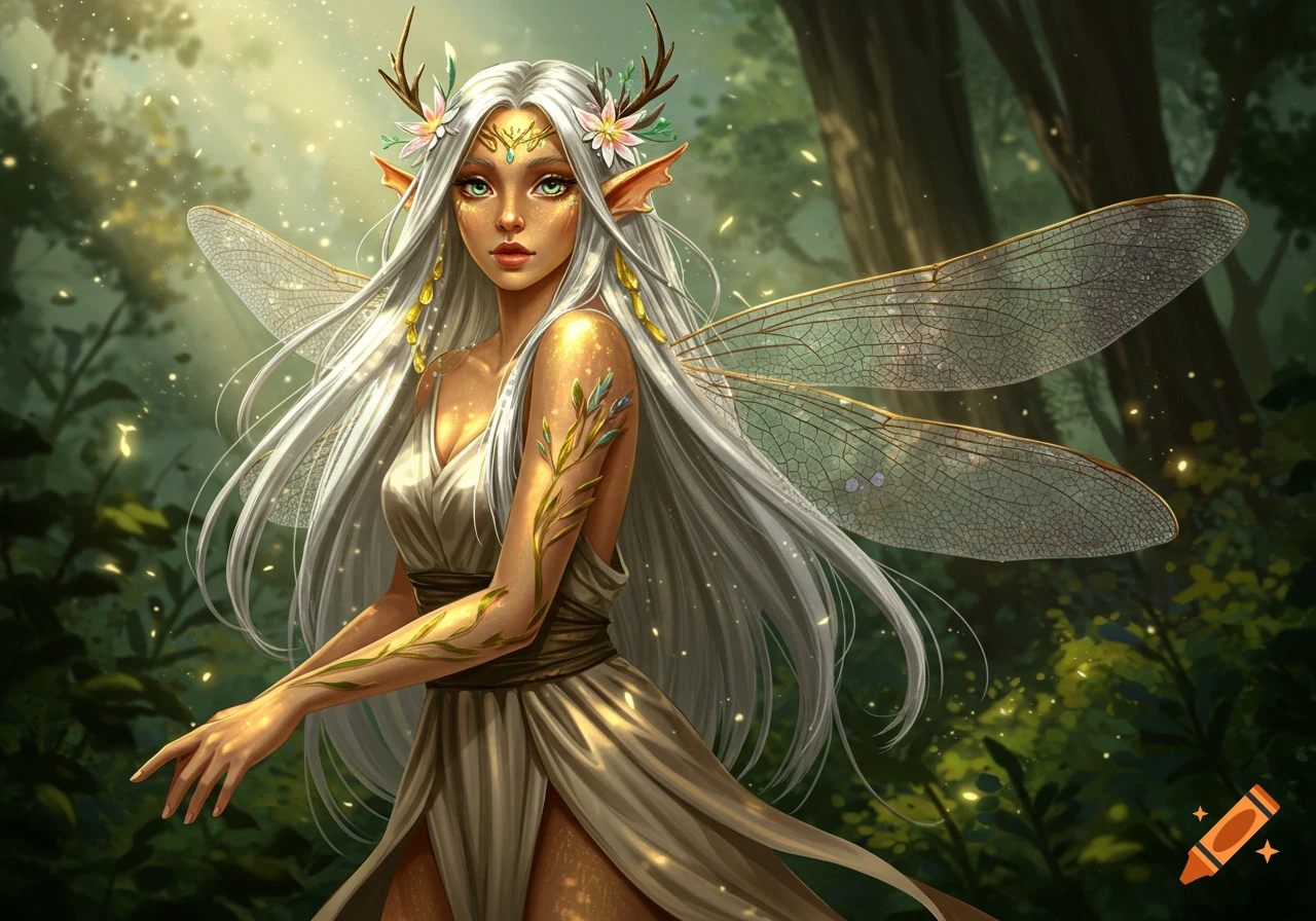 A beautiful silver-haired fairy with dragonfly wings, golden skin, and a flowing dress stands in a sunlit forest.