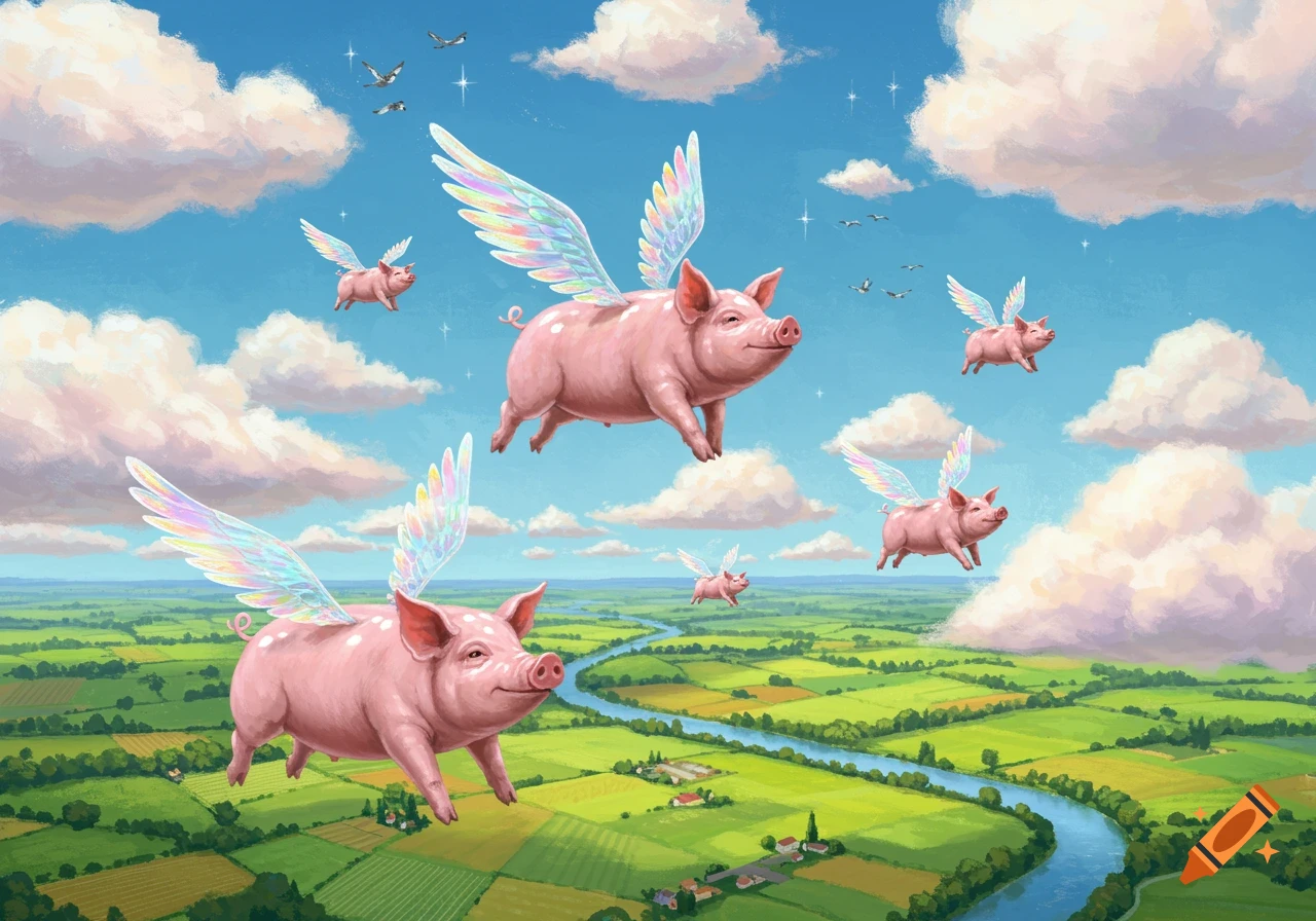 Whimsical illustration of several pink flying pigs with iridescent wings soaring through a bright blue sky above green fields and a winding river.