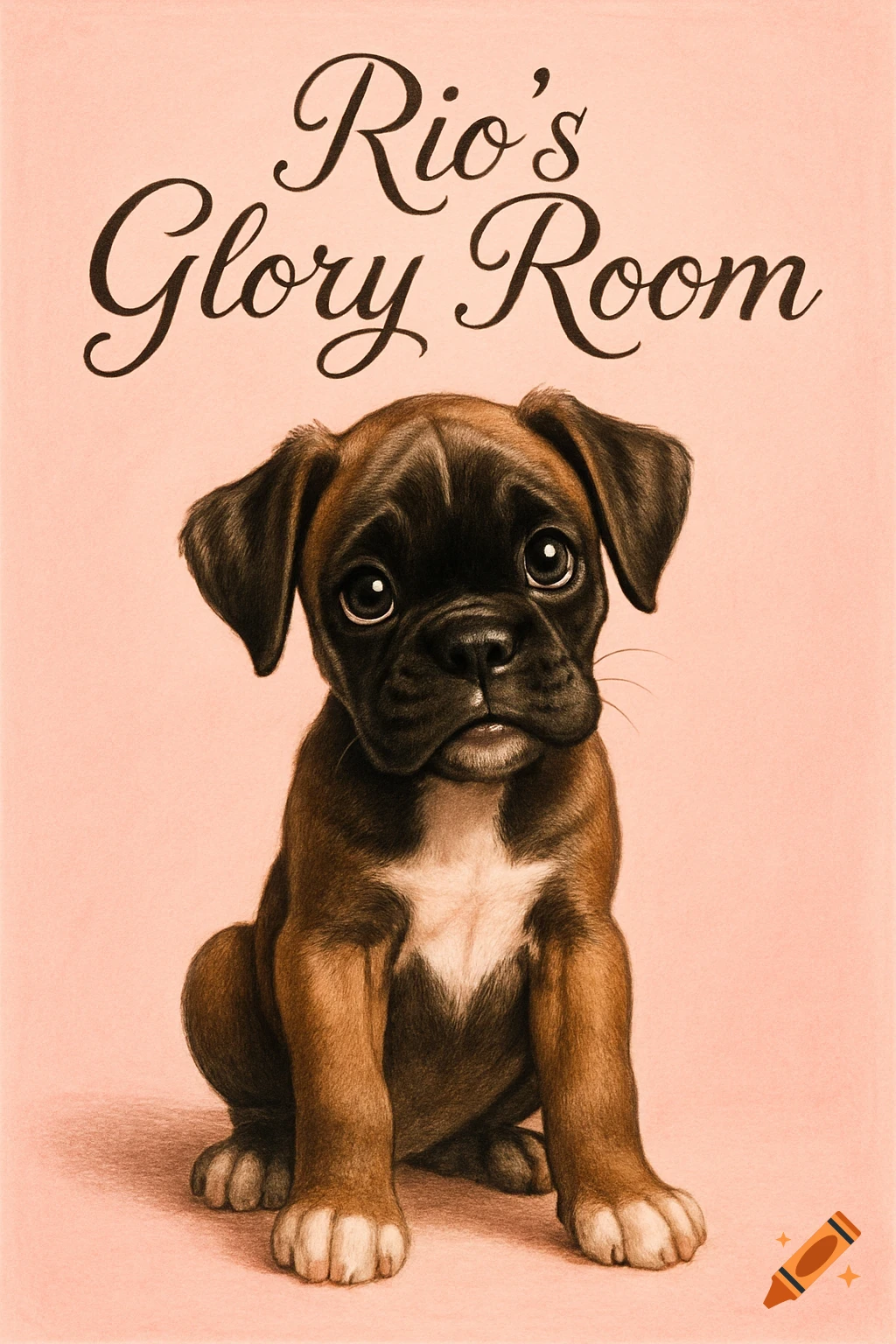 A pastel drawing of a cute brown boxer puppy with large sad eyes, sitting on a pink background with the text 'Rio's Glory Room' above it.