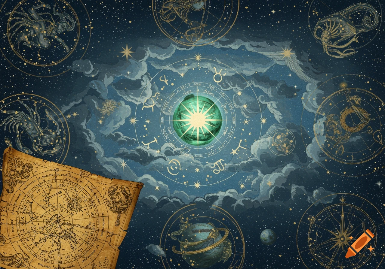Renaissance-style astrological map with zodiac constellations, stars, planets, and mystical clouds in a dark blue sky.