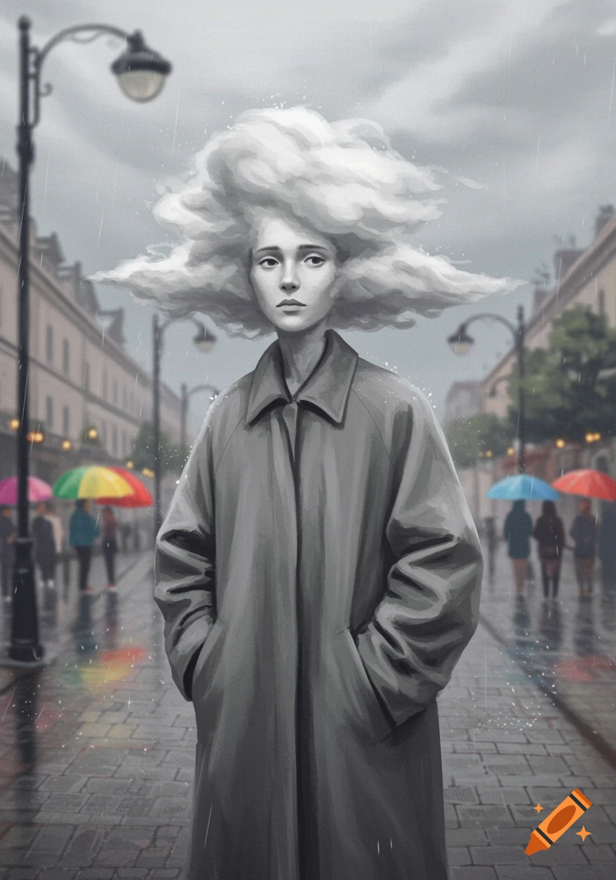 Surreal illustration of a woman with a cloud for hair, standing on a rainy city street with distant umbrellas.