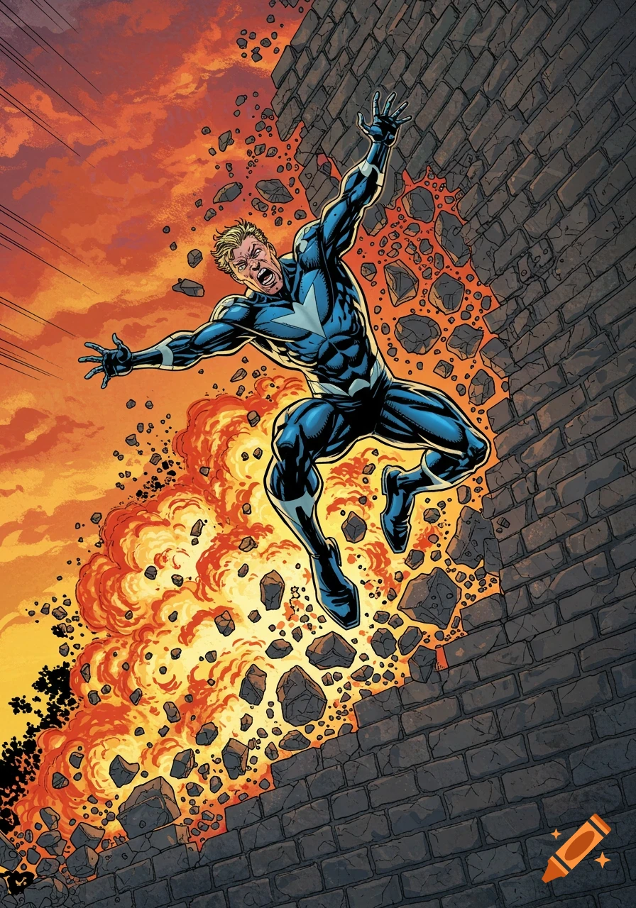 A male superhero in a blue suit breaks through a brick wall amidst explosions and fire, in a dynamic comic book style.