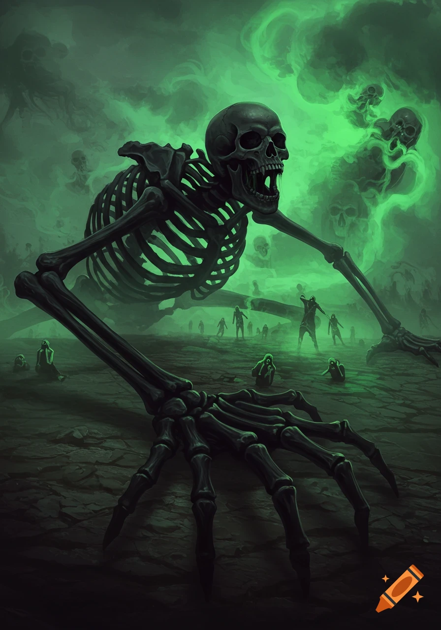 A massive black skeleton crawls across a desolate, cracked ground, engulfed in swirling green poisonous gas, with shadowy figures of dying people in the background.