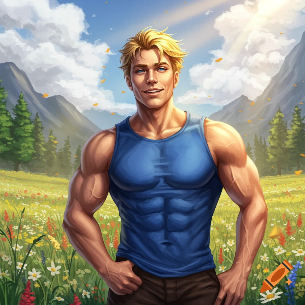 A smiling, muscular blond man in a blue tank top stands in a sunny, wildflower field with mountains in the background, illustrated.