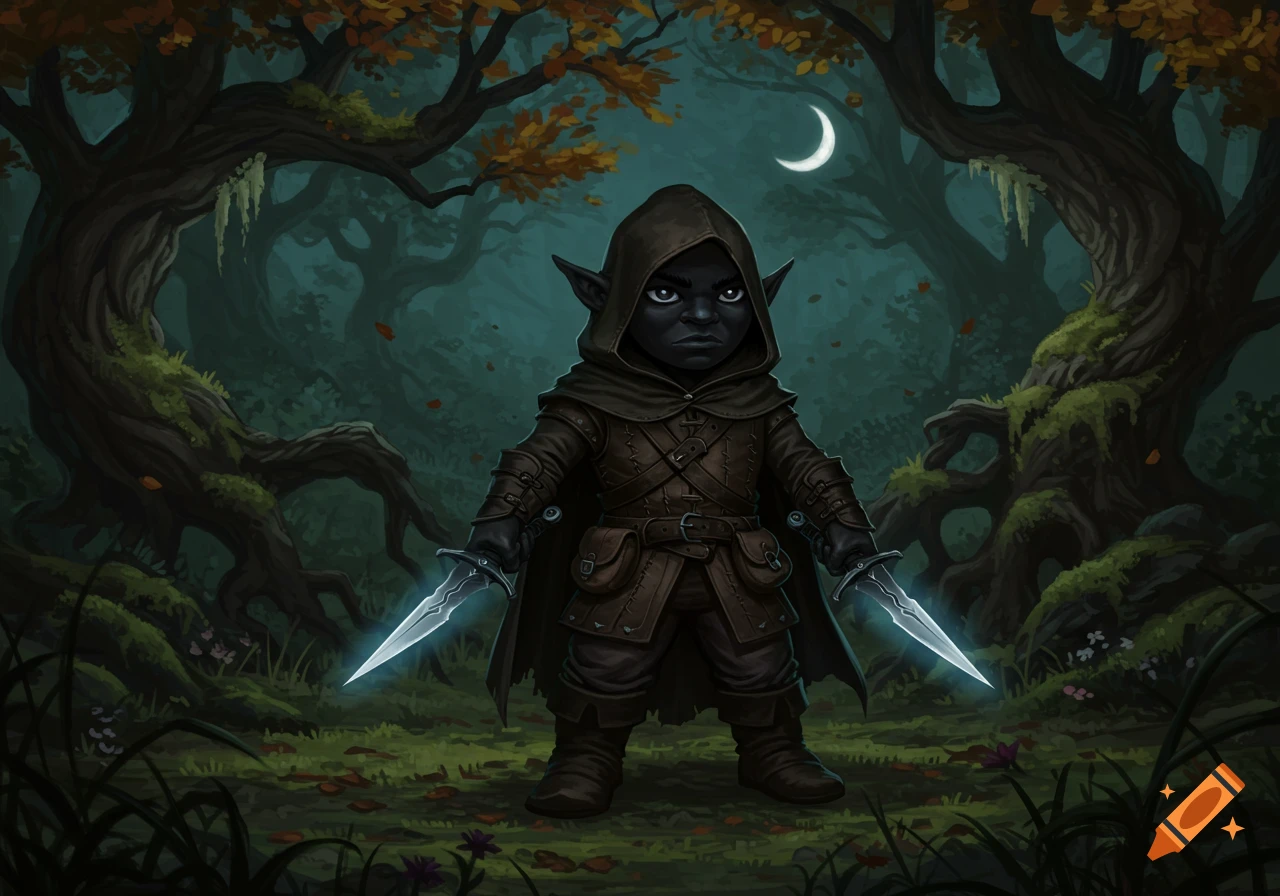 A dark-skinned gnome rogue in a hooded cloak holds two glowing daggers in a mystical, mossy forest under a crescent moon.