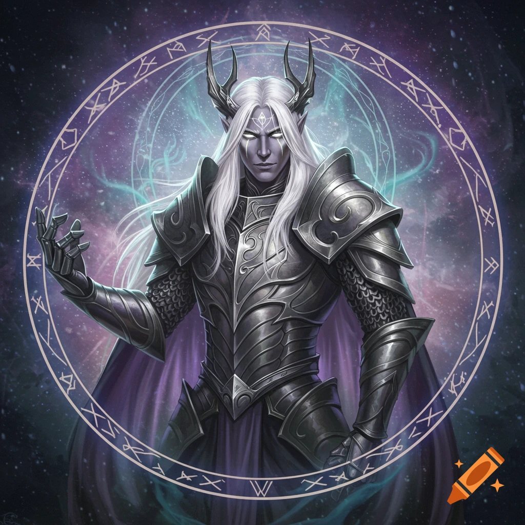 A dark elf character with white hair and horns in elaborate armor, framed by a magical glowing runic circle against a starry background.