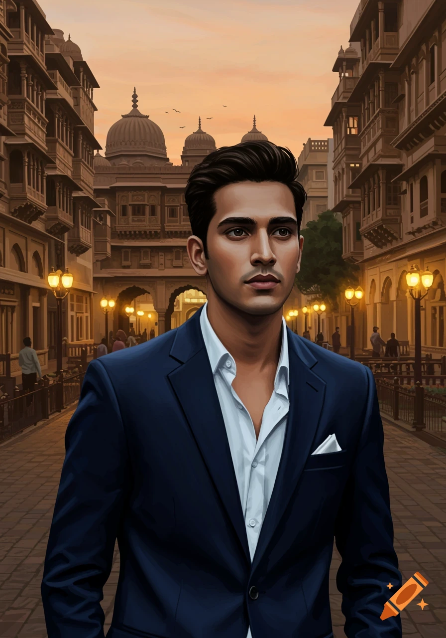 A young man in a dark suit stands confidently on a street lined with traditional Indian architecture at dusk.