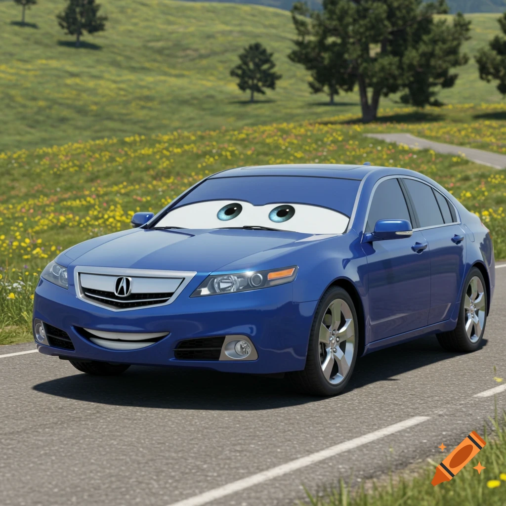 A blue Acura TL car with large cartoon eyes and a smiling mouth, in the style of Pixar's Cars, drives on a winding road through a grassy field with trees.