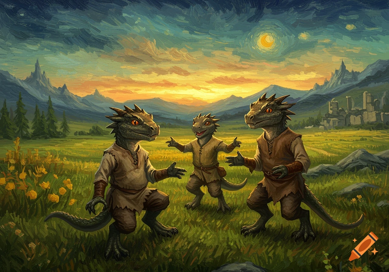 Three Argonian-like children in a grassy field with mountains and a distant castle at sunset, painted in a Van Gogh style.