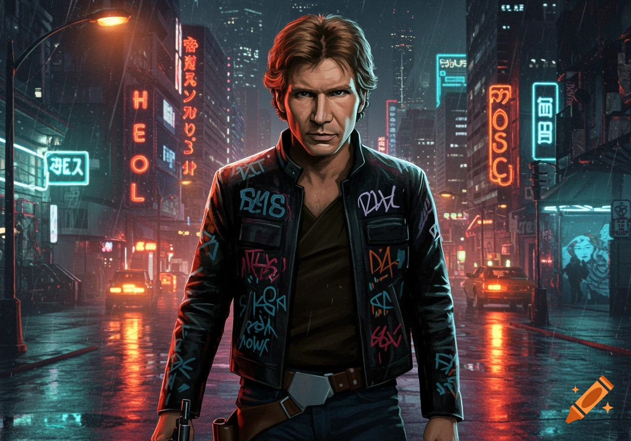 Han Solo in a cyberpunk city street at night, wearing a graffiti-covered leather jacket in the rain, with neon signs.