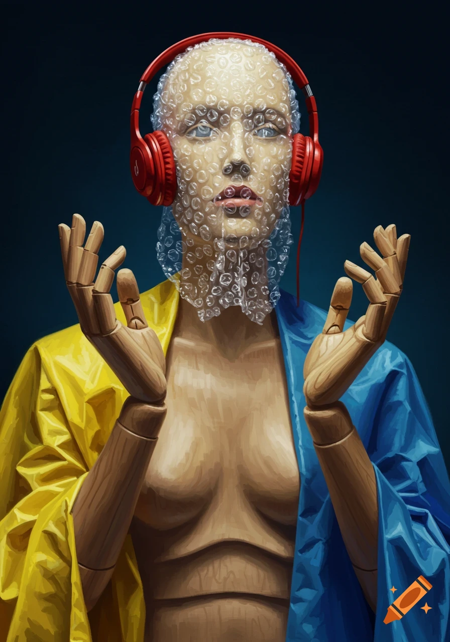 An artistic painting of a wooden mannequin with a bubble wrap face and red headphones, draped in yellow and blue fabric.