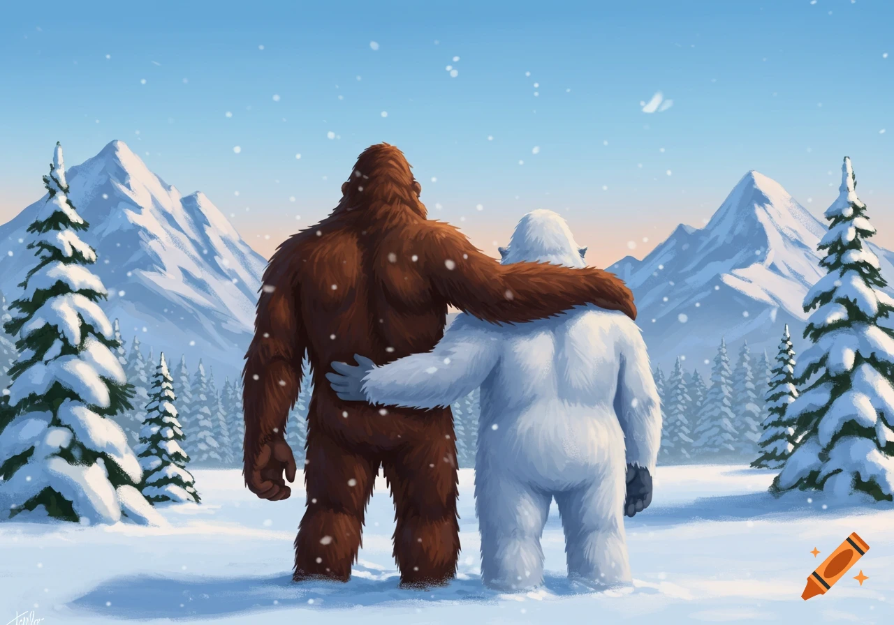 A brown Bigfoot and a white Yeti stand with arms around each other, looking at snowy mountains and pine trees as snow falls.
