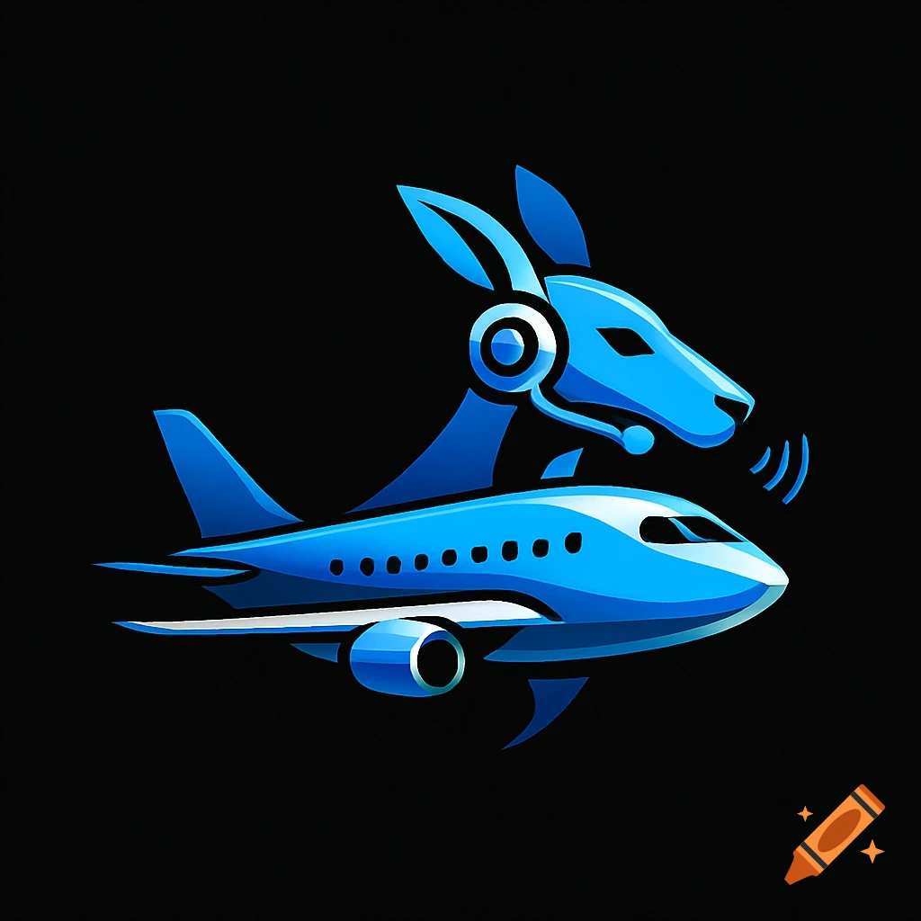 Blue stylized logo featuring a kangaroo head wearing a headset above an airliner against a black background.