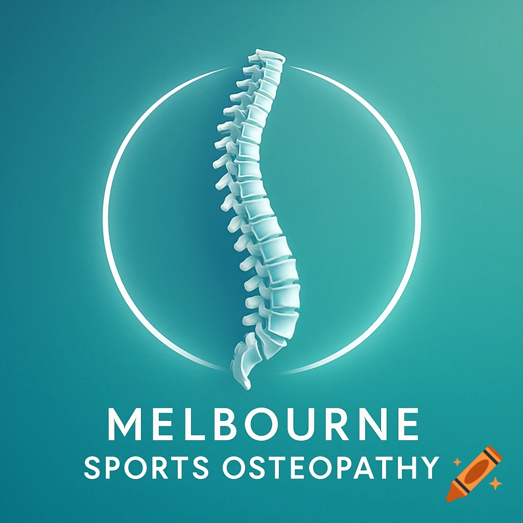 A stylized white human spine inside a white circle on a teal background, with text 'MELBOURNE SPORTS OSTEOPATHY' below it.