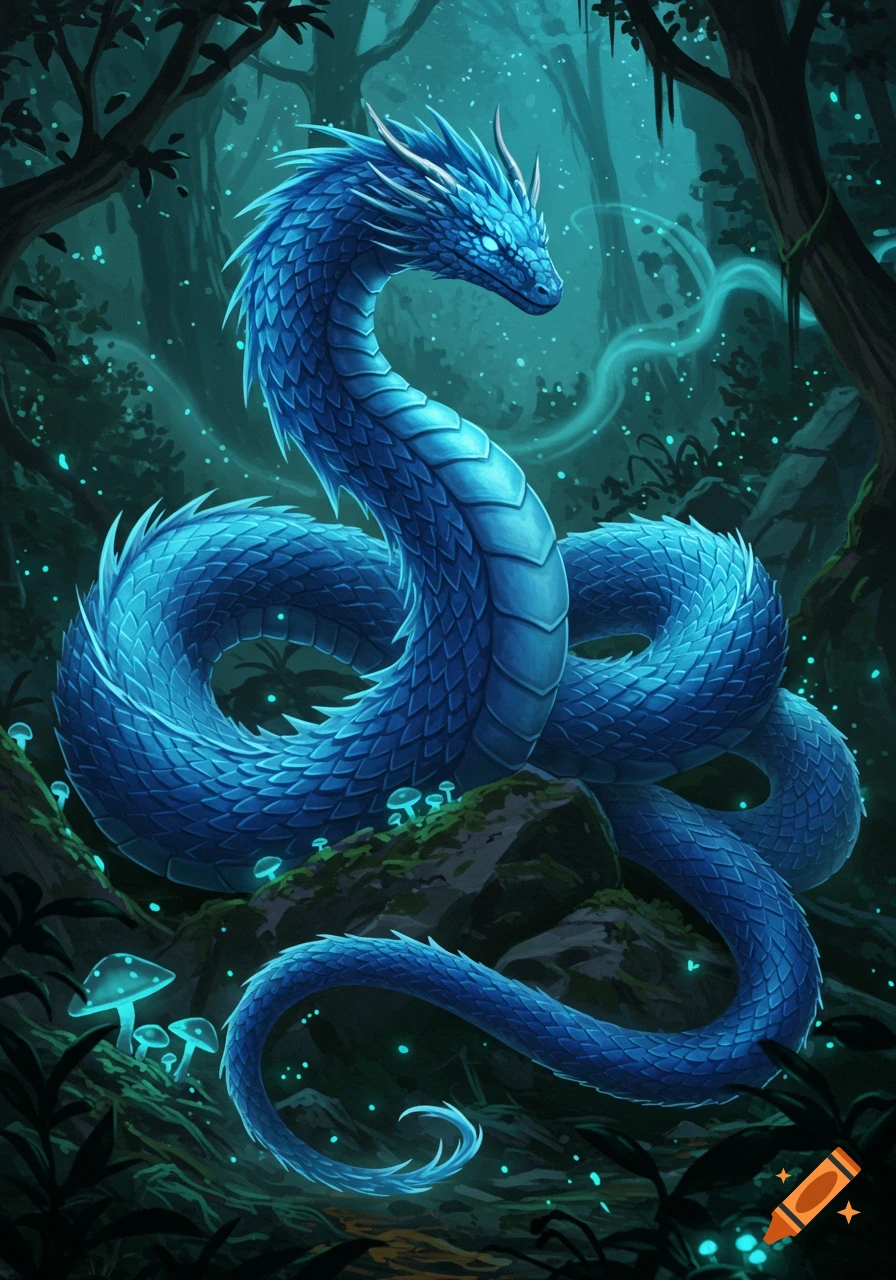 A large blue scaled dragon or serpent coils in a mystical forest with glowing mushrooms and ethereal light.