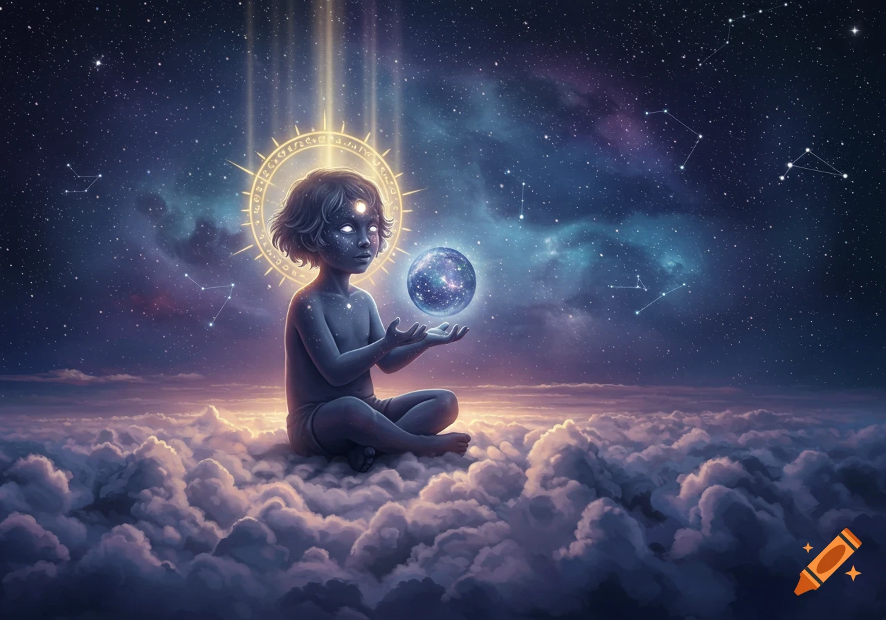 A child-like god figure with glowing eyes and a halo sits on clouds, holding a starry orb, against a cosmic sky.