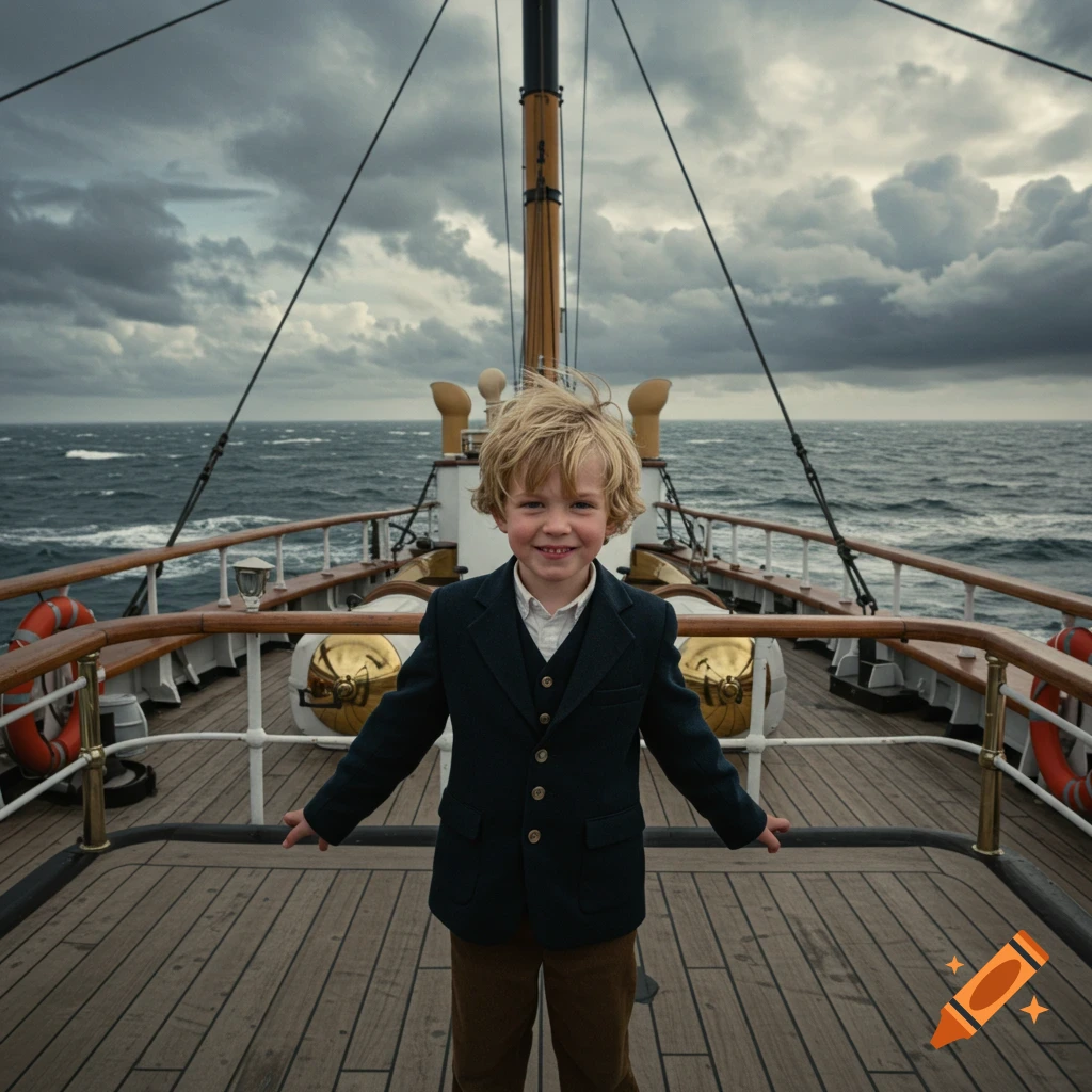 A young boy with blond hair stands on a ship deck at sea on a cloudy day, smiling at the camera. Photorealistic.