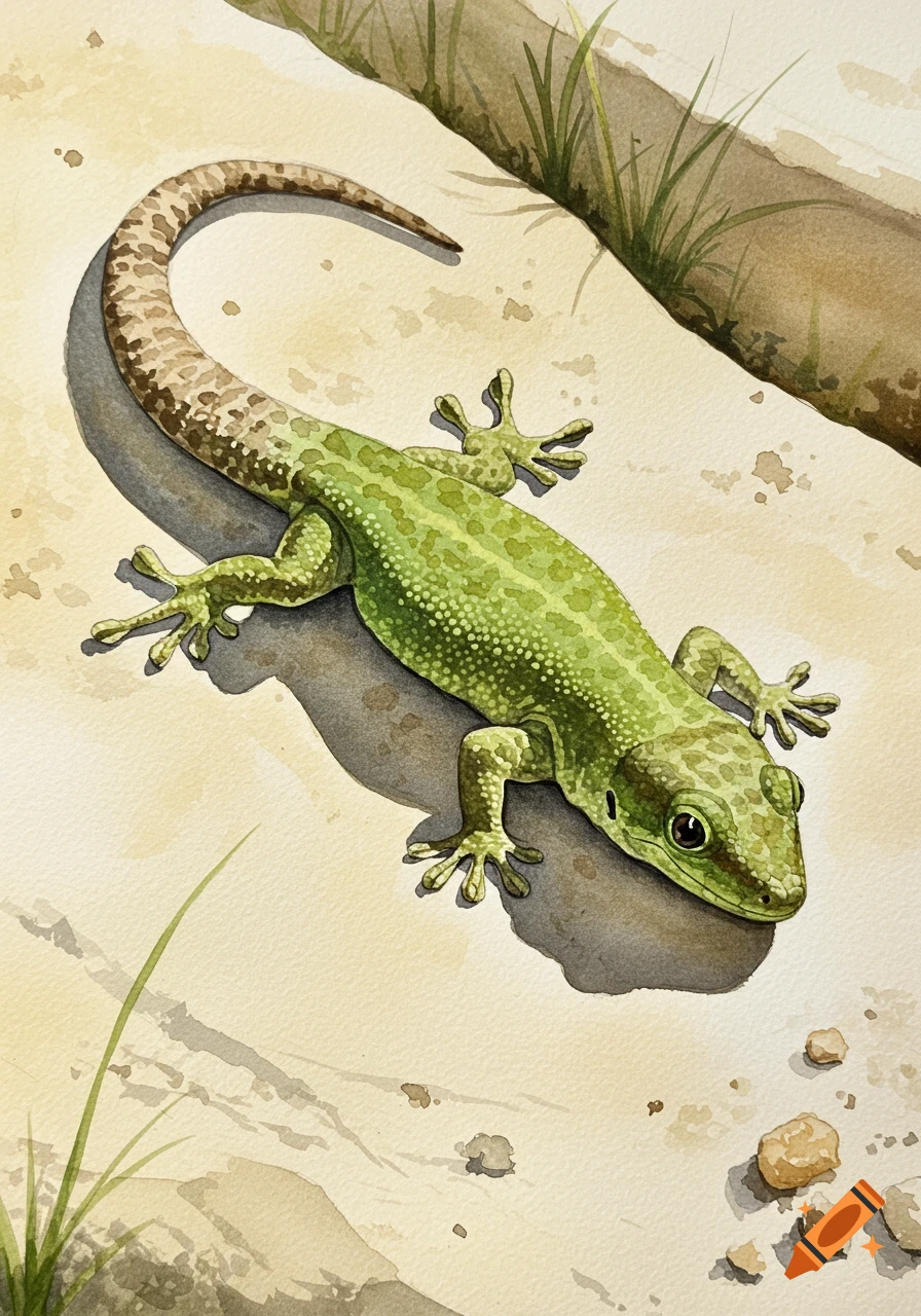 A green gecko lizard rests on light ground in a watercolor painting.
